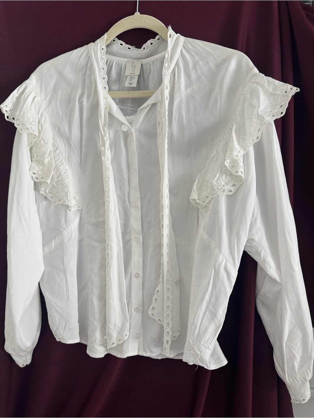 Joie NWT Women's White Eyelet Ruffle tie-neck Button-Up Blouse size L- large